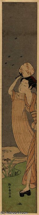 WikiOO.org - Enciklopedija dailės - Tapyba, meno kuriniai Suzuki Harunobu - Young Woman Chasing Fireflies with a Fan