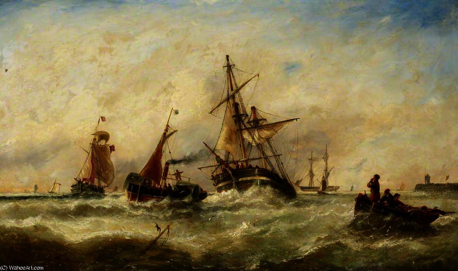 Wikioo.org – La Enciclopedia de las Bellas Artes - Pintura, Obras de arte de John Callow - Un estropeado  bergantín  siendo  remolcado  dentro  puerto