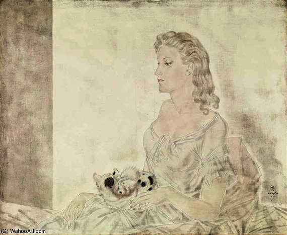 Wikioo.org - The Encyclopedia of Fine Arts - Painting, Artwork by Léonard Tsugouharu Foujita - Femme au petit chat