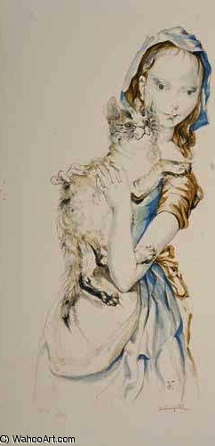 WikiOO.org - Encyclopedia of Fine Arts - Maalaus, taideteos Léonard Tsugouharu Foujita - Jeune femme et chat