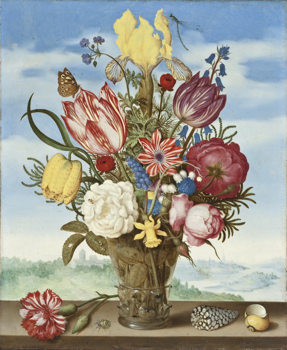 Wikioo.org - The Encyclopedia of Fine Arts - Painting, Artwork by Ambrosius Bosschaert The Elder - Bouquet of Flowers on a Ledge