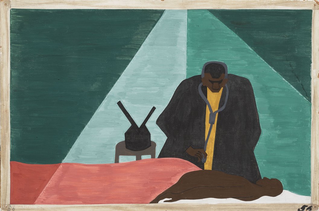 Wikioo.org - The Encyclopedia of Fine Arts - Painting, Artwork by Jacob Lawrence - Among one of the last groups to leave the South was the Negro professional who was forced to follow his clientele to make a living