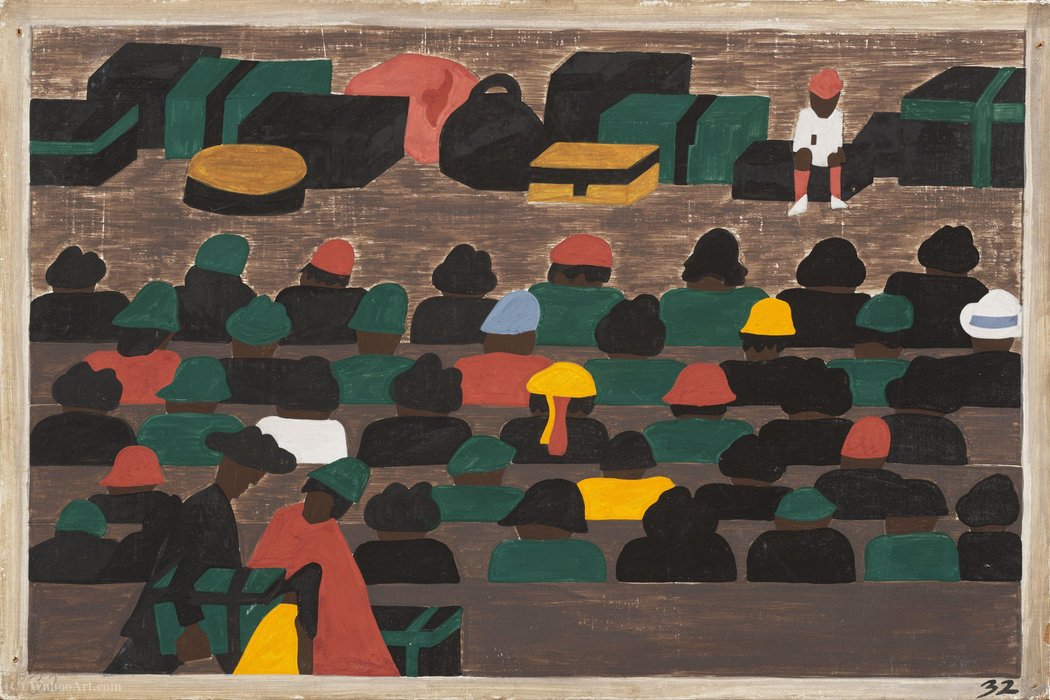 Wikioo.org - The Encyclopedia of Fine Arts - Painting, Artwork by Jacob Lawrence - The railroad stations in the South were crowded with people leaving for the North