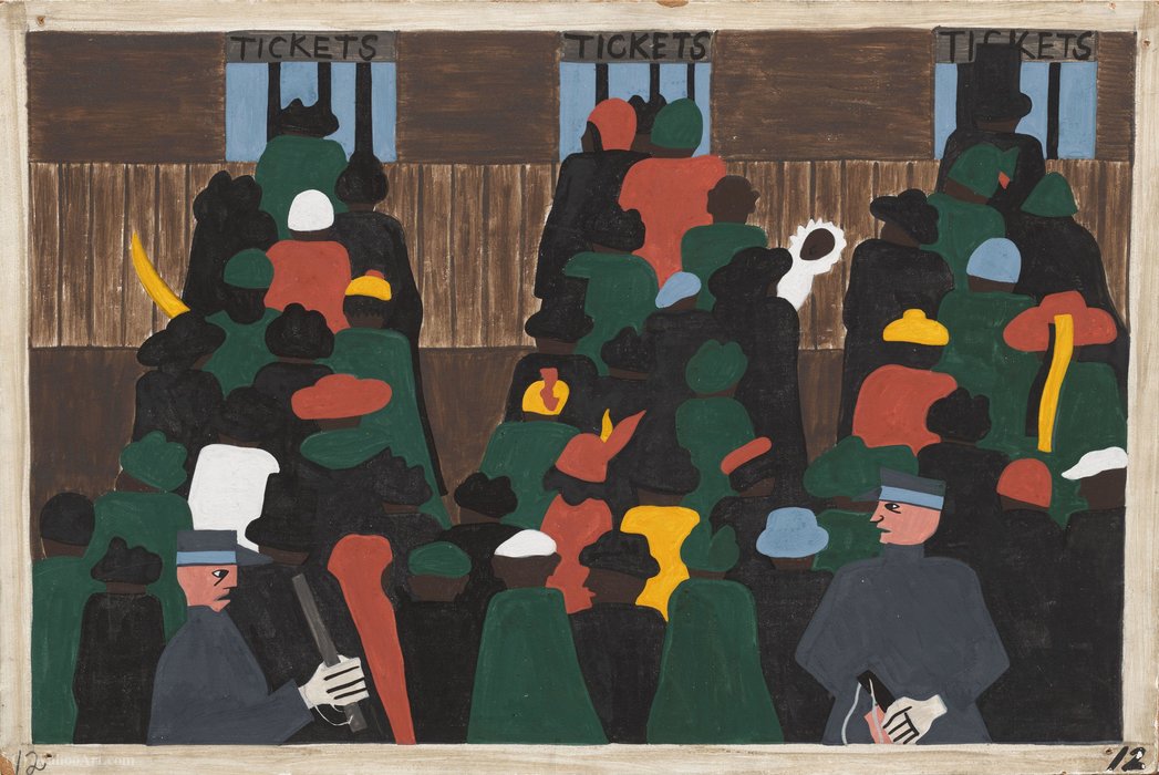 Wikioo.org - The Encyclopedia of Fine Arts - Painting, Artwork by Jacob Lawrence - The railroad stations were at times so over-packed with people leaving that special guards had to be called in to keep order