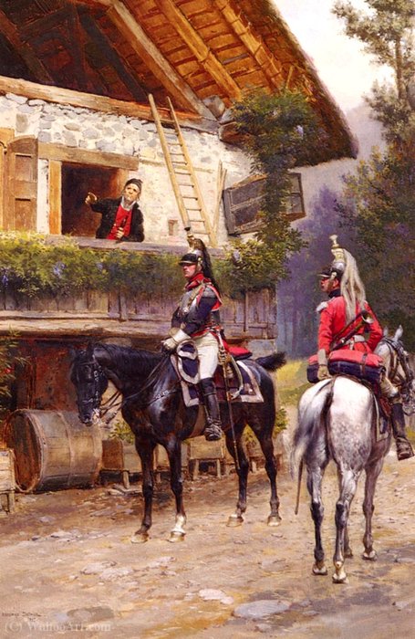 Wikioo.org - The Encyclopedia of Fine Arts - Painting, Artwork by Édouard Detaille (Jean-Baptiste Édouard Detaille) - Mounted First-Empire Dragoons In Front Of A Country House