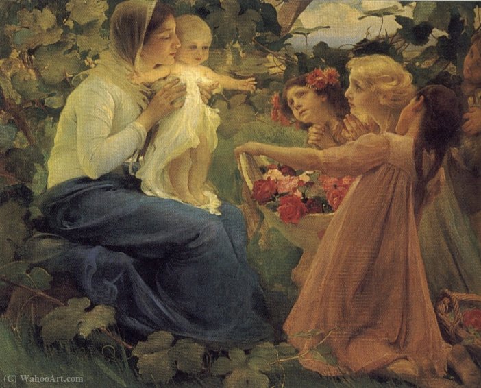 Wikioo.org - The Encyclopedia of Fine Arts - Painting, Artwork by Franz Dvorak - Presenting Flowers to the Infant