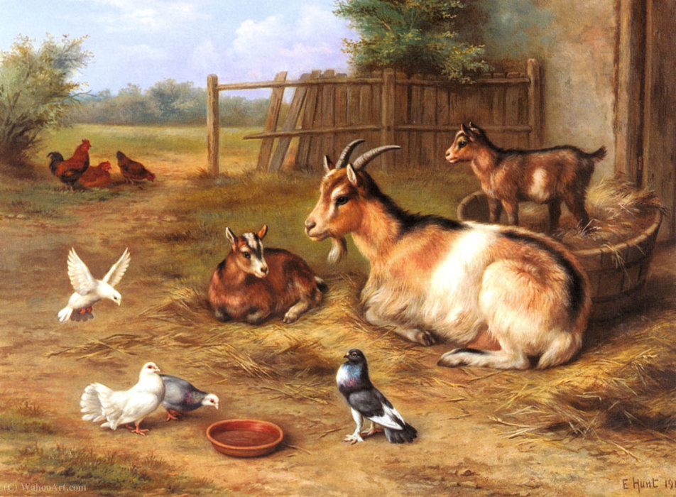 Wikioo.org - Encyklopedia Sztuk Pięknych - Malarstwo, Grafika Edgar Hunt - A farmyard Scene With Goats Chickens Doves