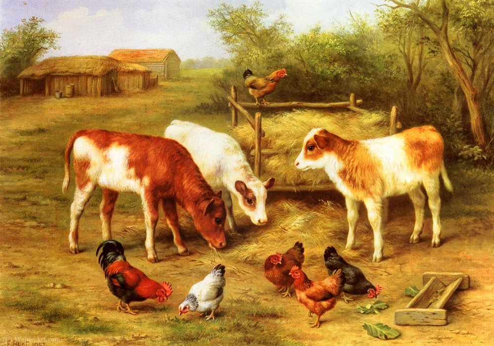 Wikioo.org - The Encyclopedia of Fine Arts - Painting, Artwork by Edgar Hunt - Calves and chickens feeding in a farmyard