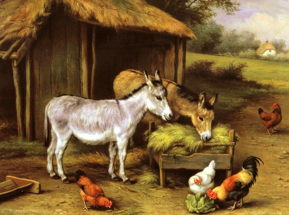 Wikioo.org - The Encyclopedia of Fine Arts - Painting, Artwork by Edgar Hunt - Chickens and donkeys feeding outside a barn