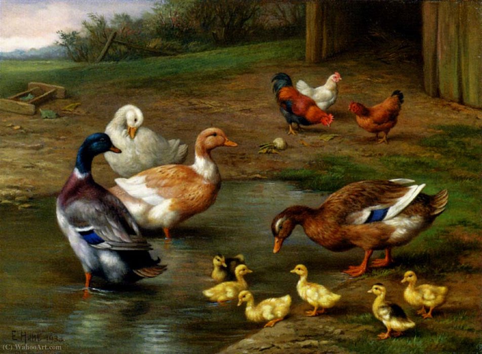 Wikioo.org - The Encyclopedia of Fine Arts - Painting, Artwork by Edgar Hunt - Chickens ducks and ducklings paddling