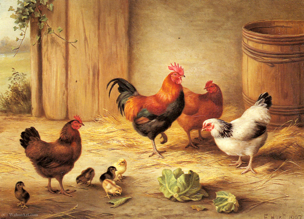 Wikioo.org - The Encyclopedia of Fine Arts - Painting, Artwork by Edgar Hunt - Chickens in a barnyard