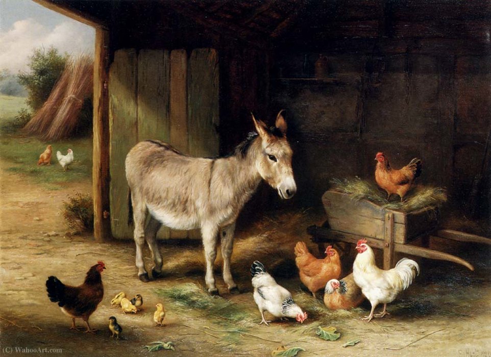 Wikioo.org - The Encyclopedia of Fine Arts - Painting, Artwork by Edgar Hunt - Donkey hens and chickens in a barn