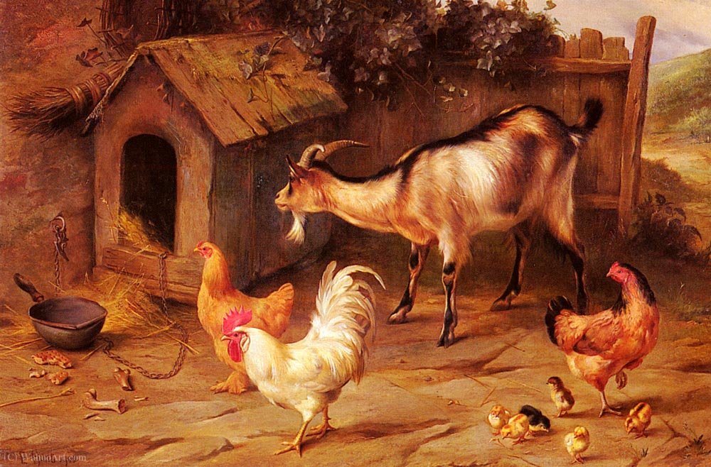 Wikioo.org - The Encyclopedia of Fine Arts - Painting, Artwork by Edgar Hunt - Fowl chicks and goats by a dog kennel