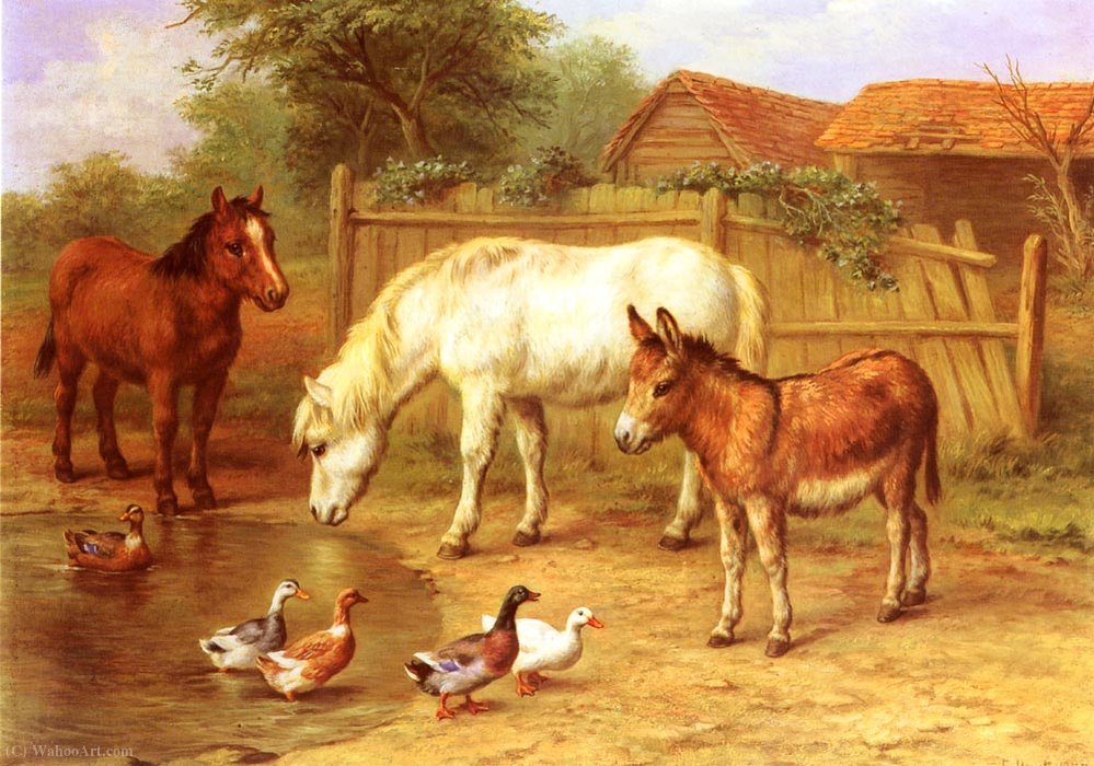 Wikioo.org - The Encyclopedia of Fine Arts - Painting, Artwork by Edgar Hunt - Ponies, Donky and Ducks In A Farmyard