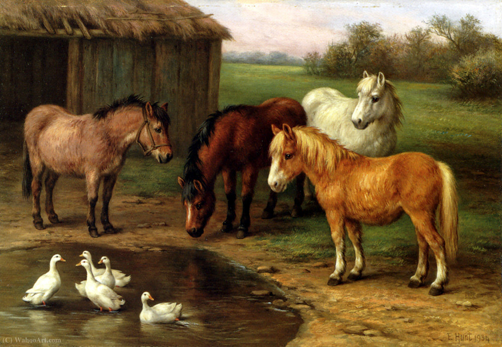 Wikioo.org - The Encyclopedia of Fine Arts - Painting, Artwork by Edgar Hunt - Ponies by a pond