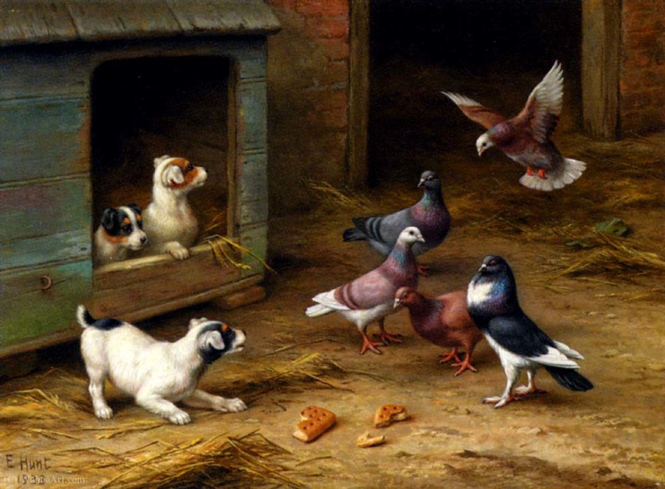 Wikioo.org - The Encyclopedia of Fine Arts - Painting, Artwork by Edgar Hunt - Puppies and pigeons playing by a kennel
