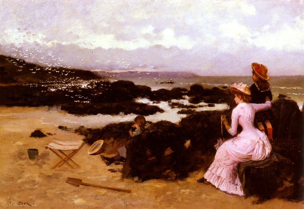 Wikioo.org - The Encyclopedia of Fine Arts - Painting, Artwork by Ernest Ange Duez - Femme et enfants sur la plage