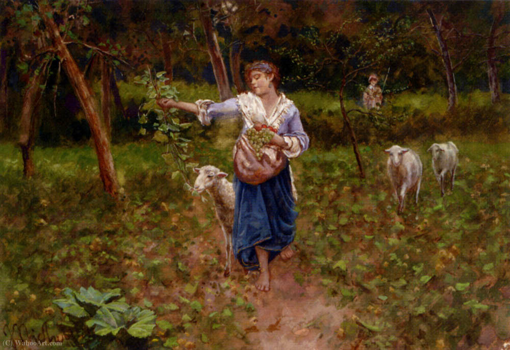 Wikioo.org - The Encyclopedia of Fine Arts - Painting, Artwork by Francesco Paolo Michetti - A shepherdess in a pastoral landscape