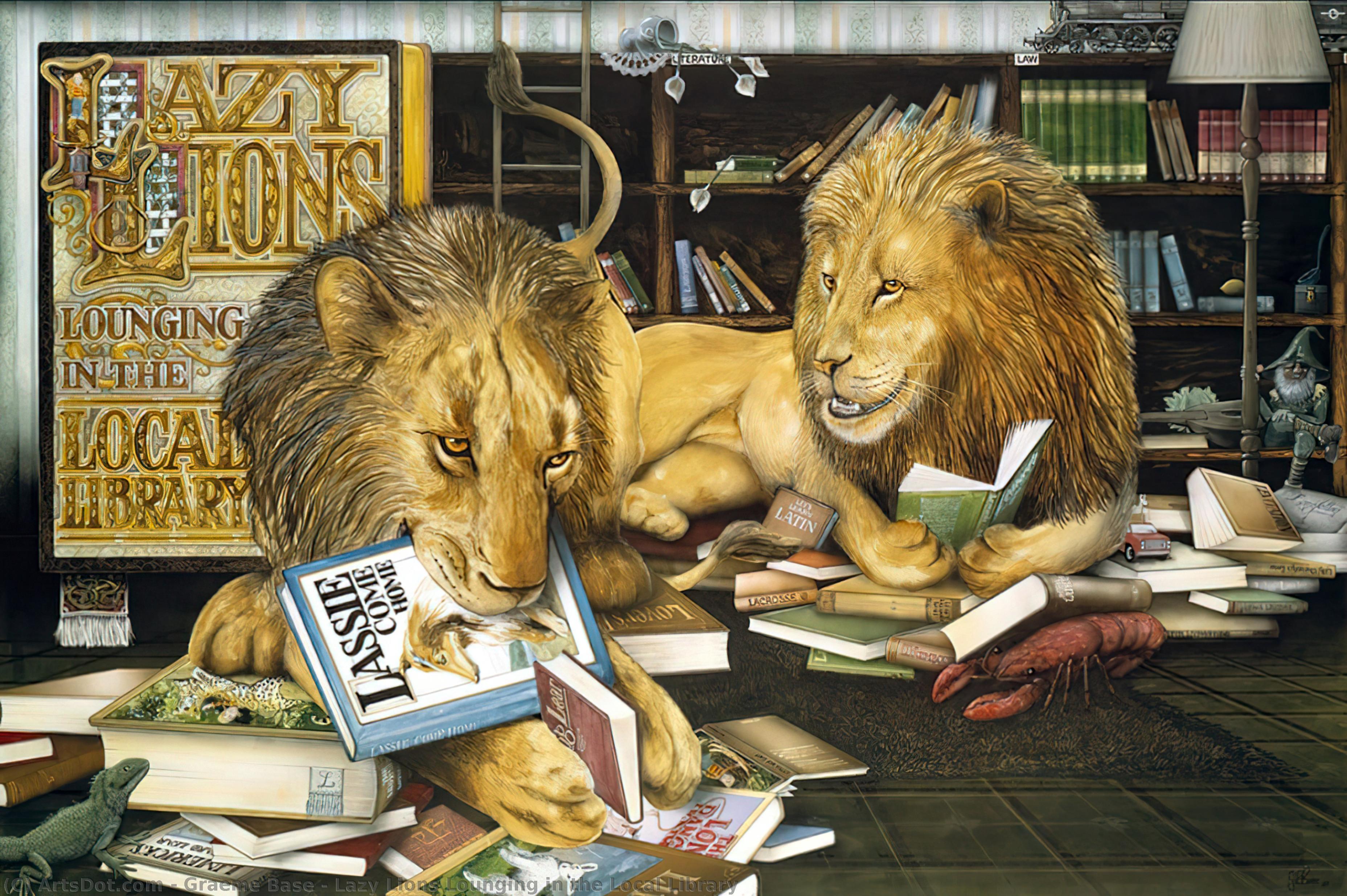 WikiOO.org – 美術百科全書 - 繪畫，作品 Graeme Base - 懒惰 狮子  闲逛  在  的  本地  图书馆