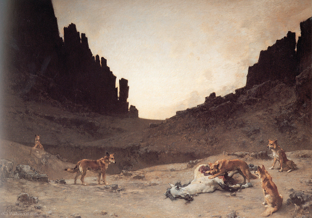 Wikioo.org - The Encyclopedia of Fine Arts - Painting, Artwork by Gustave Guillaumet - Dogs of the Douar Devuring a Dead Horse
