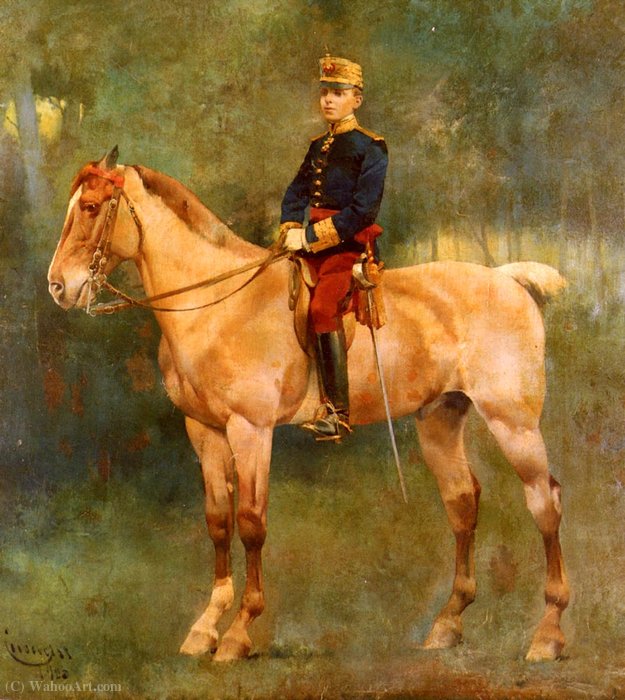 Wikioo.org - The Encyclopedia of Fine Arts - Painting, Artwork by José Cusachs Y Cusachs - A Portrait Of Alfonso III On Horseback