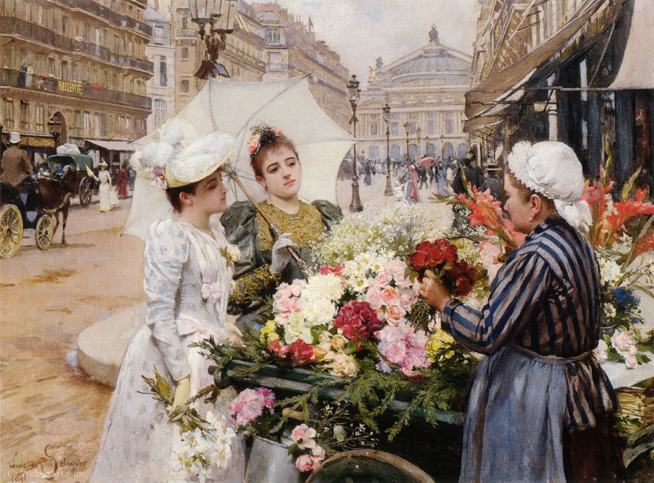 Wikioo.org - Bách khoa toàn thư về mỹ thuật - Vẽ tranh, Tác phẩm nghệ thuật Louis Marie De Schryver - The Flower Seller Avenue de LOpera Paris