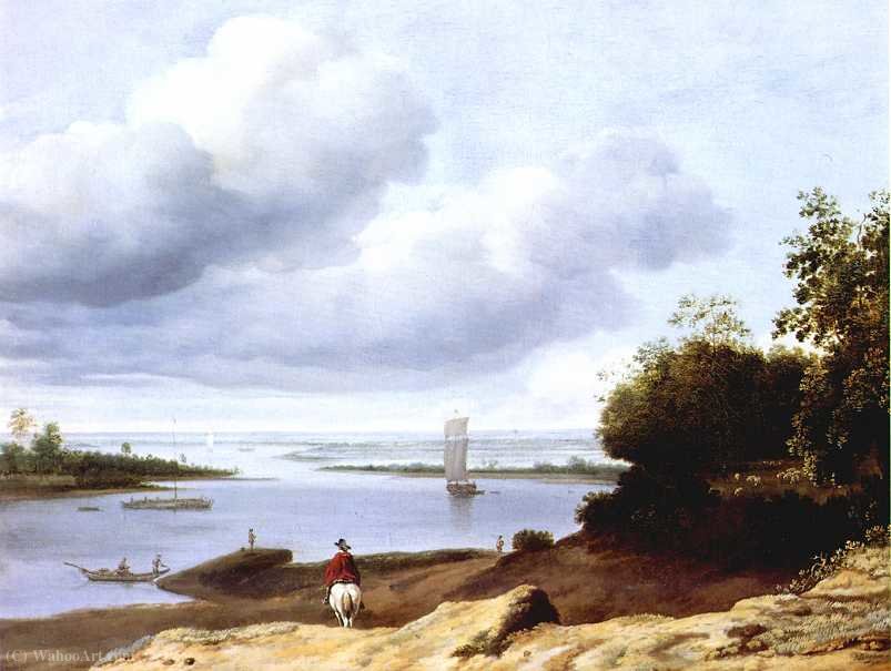 WikiOO.org - Encyclopedia of Fine Arts - Schilderen, Artwork Anthonie Van Borssom - Extensive River View with a Horseman