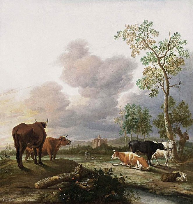 Wikioo.org - The Encyclopedia of Fine Arts - Painting, Artwork by Anthonie Van Borssom - Landscape with Cows and Sheep