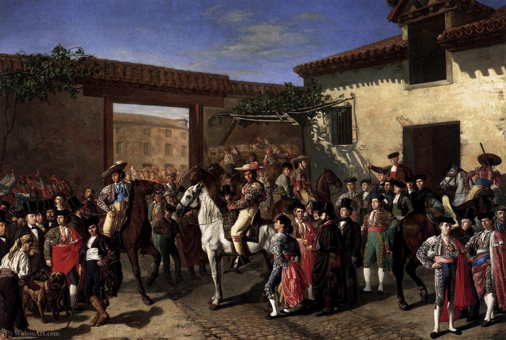 Wikioo.org - The Encyclopedia of Fine Arts - Painting, Artwork by Manuel Castellano - Horses in a Courtyard by the Bullring before the Bullfight, Madrid
