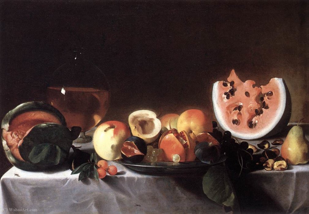 Wikioo.org - The Encyclopedia of Fine Arts - Painting, Artwork by Pensionante Del Saraceni - Still-Life with Fruit and a Carafe of White Wine