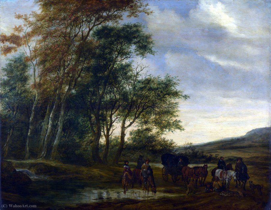 WikiOO.org - Енциклопедия за изящни изкуства - Живопис, Произведения на изкуството Salomon Van Ruysdael - A Landscape with a Carriage and Horsemen at a Pool