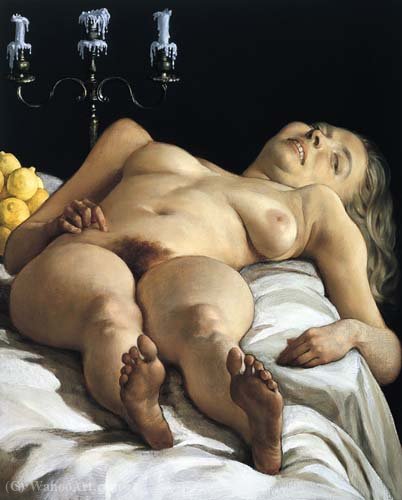 Wikoo.org - موسوعة الفنون الجميلة - اللوحة، العمل الفني John Currin - Girl in bed 36 x - (32-1993)