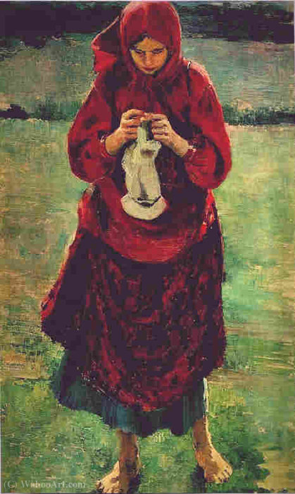 Wikioo.org - The Encyclopedia of Fine Arts - Painting, Artwork by Philip Maliavin - Peasant Girl Knitting a Stocking