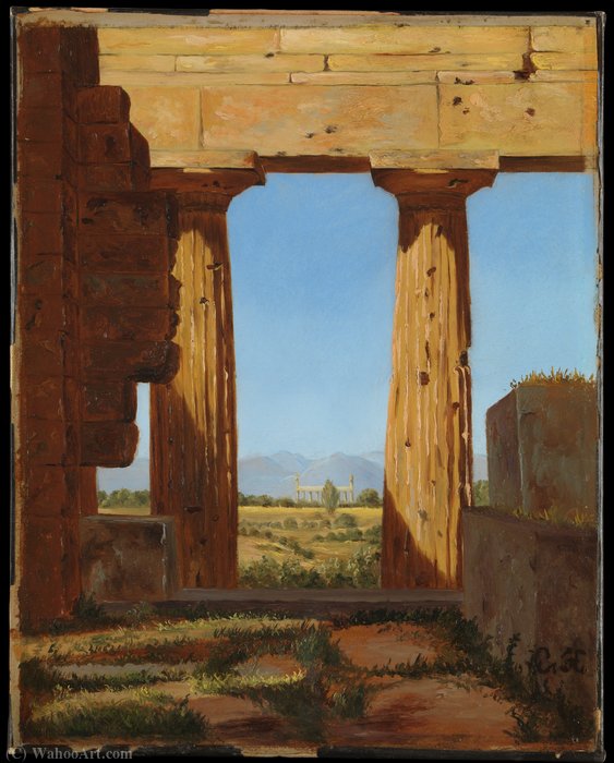 Wikioo.org - The Encyclopedia of Fine Arts - Painting, Artwork by Constantin Hansen - Columns of the Temple of Neptune at Paestum (1838)