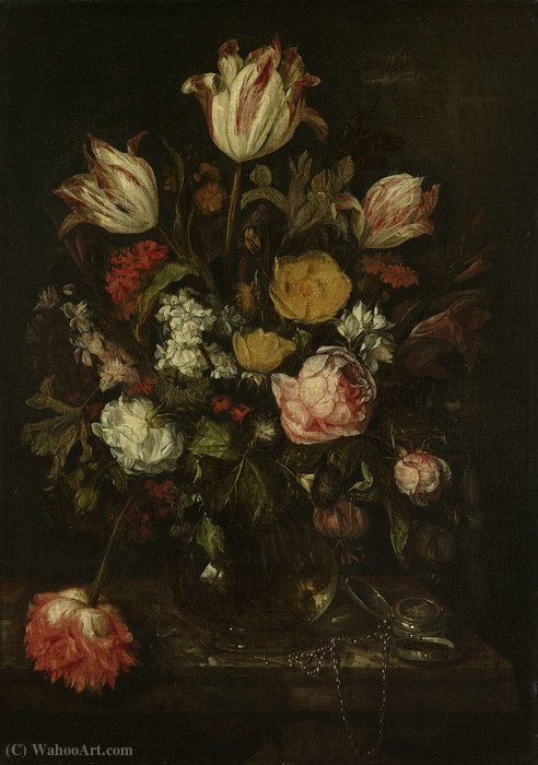 Wikioo.org - The Encyclopedia of Fine Arts - Painting, Artwork by Abraham Hendriksz Van Beijeren - Bouquet of flowers in a glass vase (1650) (64 x 46) (Amsterdam, The State Museum)