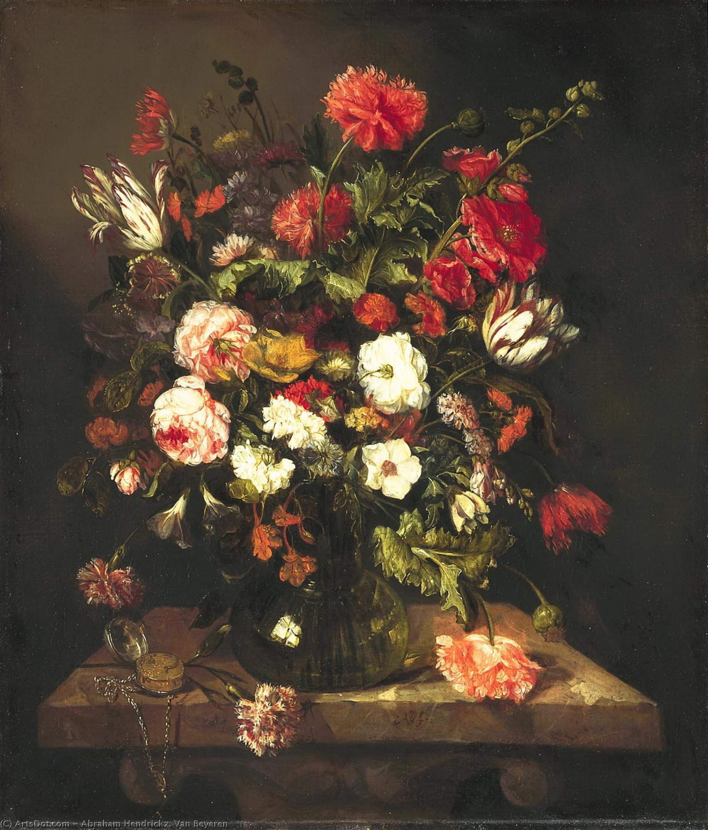 Wikioo.org - The Encyclopedia of Fine Arts - Painting, Artwork by Abraham Hendriksz Van Beijeren - Bouquet of flowers in a glass vase (ok.1663-1665) (80 x 69) (The Hague, the Royal Gallery)