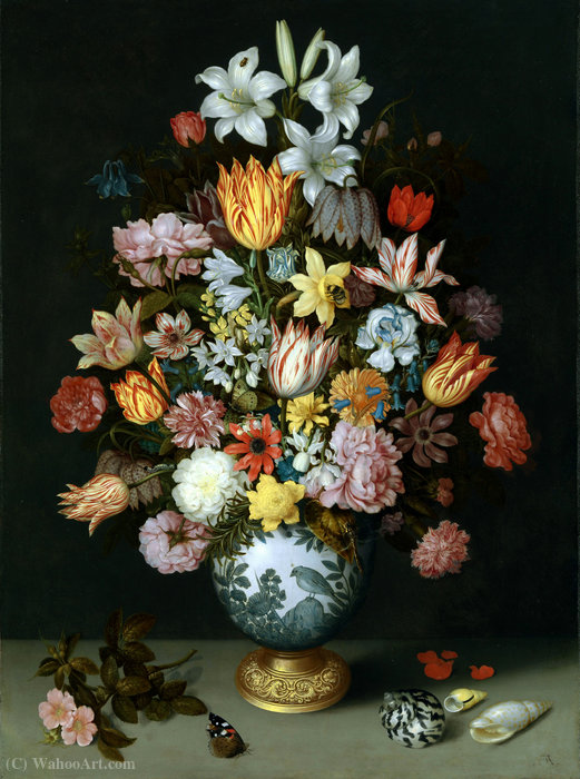 Wikioo.org - The Encyclopedia of Fine Arts - Painting, Artwork by Ambrosius Bosschaert The Elder - Bouquet of flowers in earthenware vase (1609-1610) London, Nat. gallery)