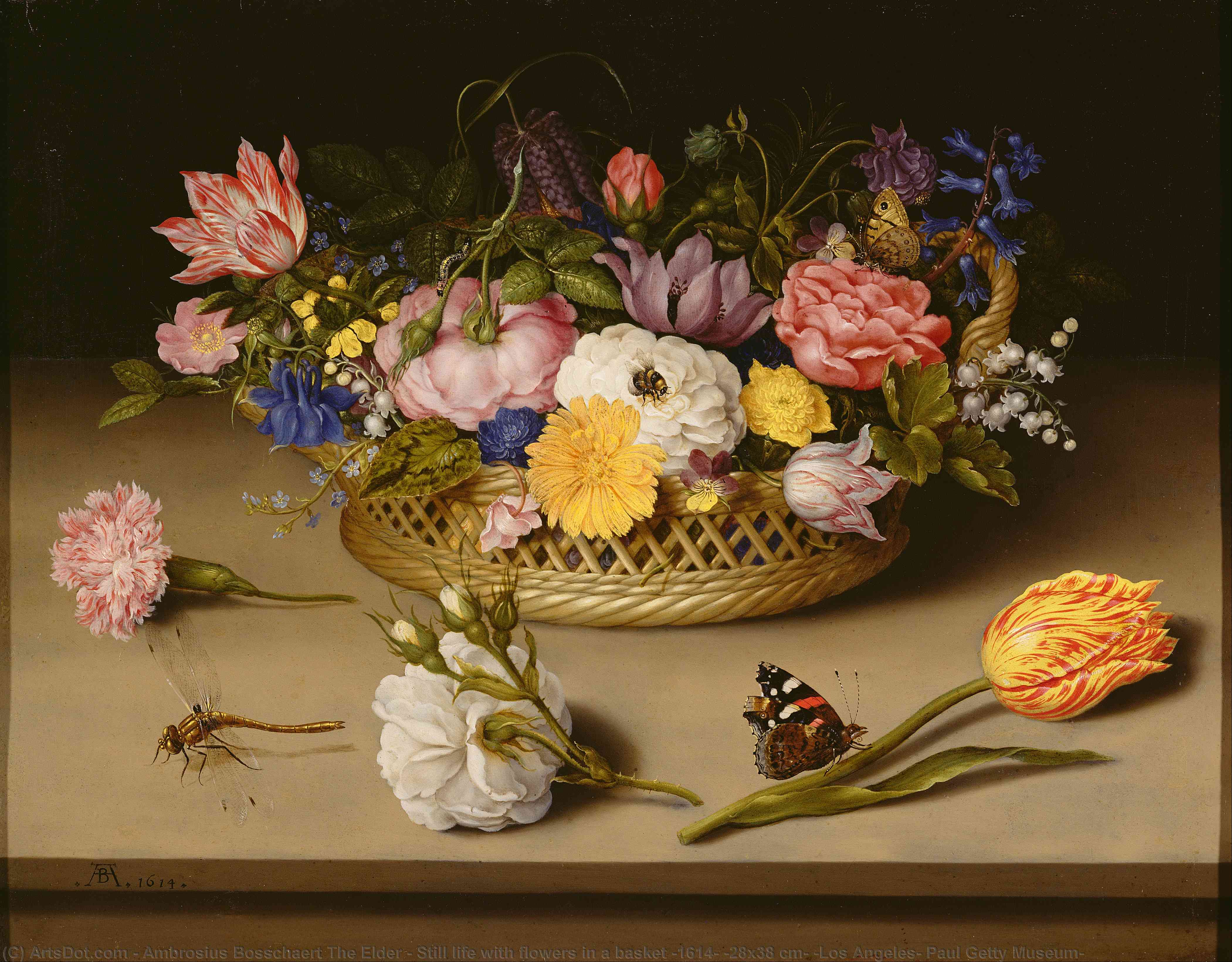 Wikioo.org - The Encyclopedia of Fine Arts - Painting, Artwork by Ambrosius Bosschaert The Elder - Still life with flowers in a basket (1614) (28x38 cm) (Los Angeles, Paul Getty Museum)