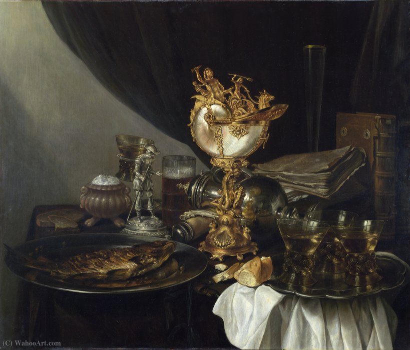 Wikioo.org - The Encyclopedia of Fine Arts - Painting, Artwork by Gerrit Willemsz Heda - Still life with nautilus (about (London, Nat. Gallery) (1645))