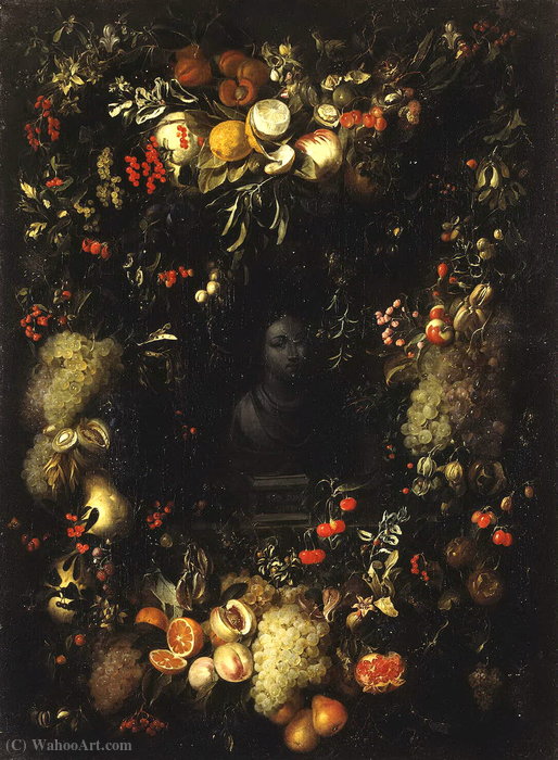 Wikioo.org - The Encyclopedia of Fine Arts - Painting, Artwork by Jan Pauwel Gillemans The Elder - Bust of the Madonna in a garland of fruit (1660s) (116 x 85) (St. Petersburg, Hermitage)