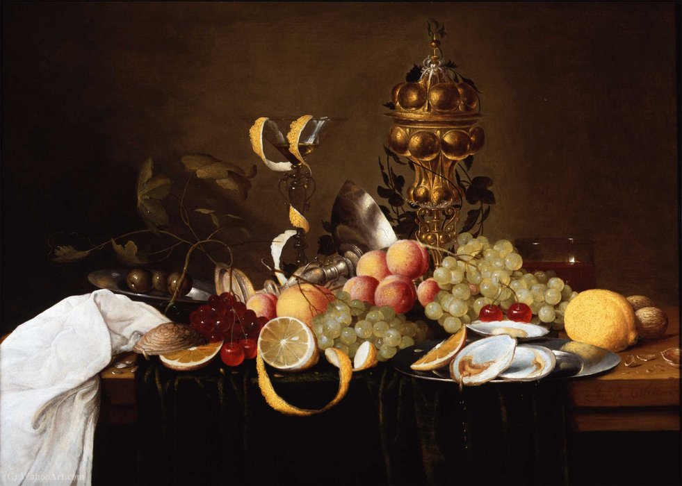 Wikioo.org - The Encyclopedia of Fine Arts - Painting, Artwork by Jan Pauwel Gillemans The Elder - Still life with fruit, oysters and a golden cup (1640s) (55 x 77) (private collection)
