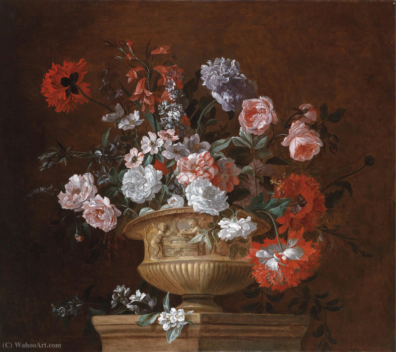 Wikioo.org - The Encyclopedia of Fine Arts - Painting, Artwork by Pieter Casteels Iii - Bouquet of flowers in an urn on postamente