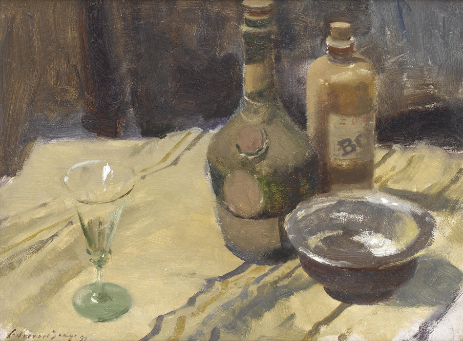 Wikioo.org - The Encyclopedia of Fine Arts - Painting, Artwork by Edward Seago - Dusty bottles, (1957)