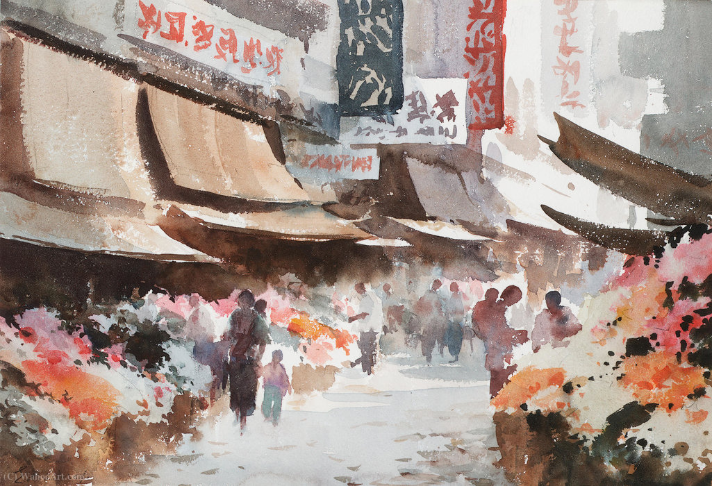 Wikioo.org - The Encyclopedia of Fine Arts - Painting, Artwork by Edward Seago - Flower market, hong kong