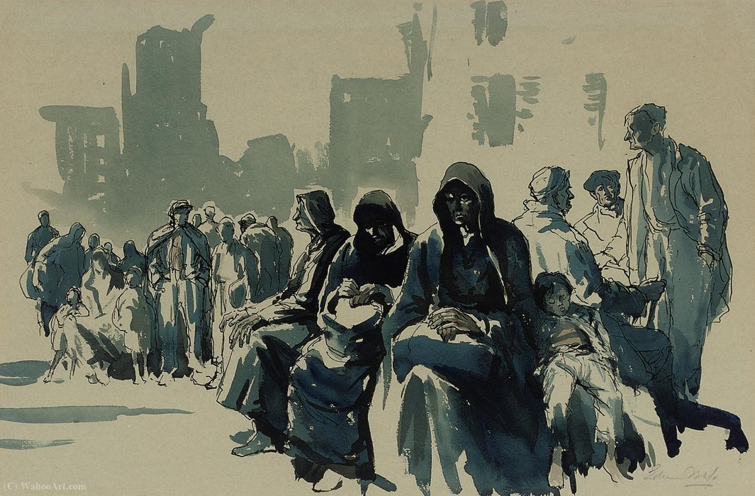 Wikioo.org - The Encyclopedia of Fine Arts - Painting, Artwork by Edward Seago - Refugees in the Square at Savigno