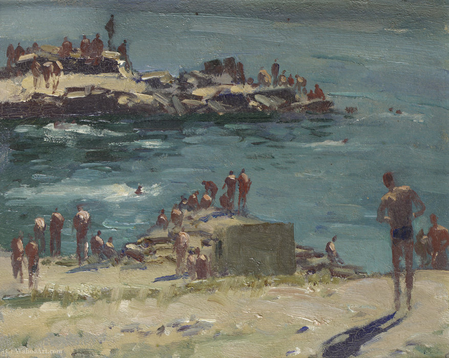 Wikioo.org - The Encyclopedia of Fine Arts - Painting, Artwork by Edward Seago - Soldiers Bathing at Duino, Portugal