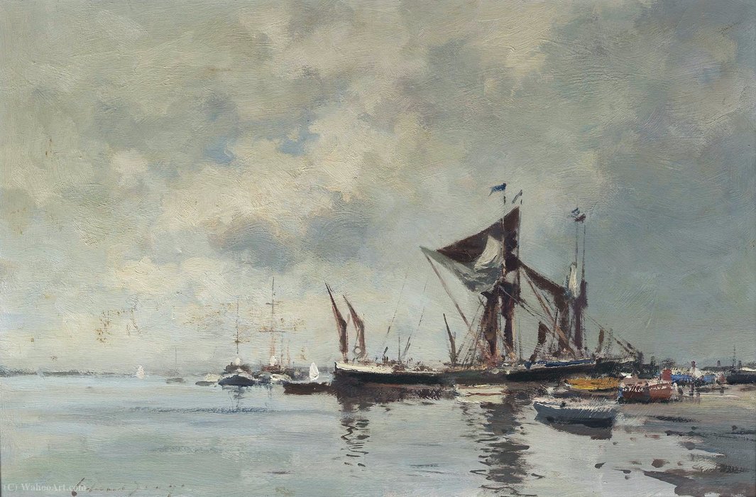 Wikioo.org – La Enciclopedia de las Bellas Artes - Pintura, Obras de arte de Edward Seago - Thames Barcazas en el Hard - Molino Pin