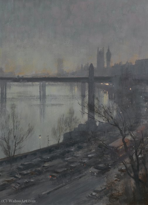 Wikioo.org - The Encyclopedia of Fine Arts - Painting, Artwork by Edward Seago - The Embankment with Cleopatra's Needle, Painted from the Savoy Hotel