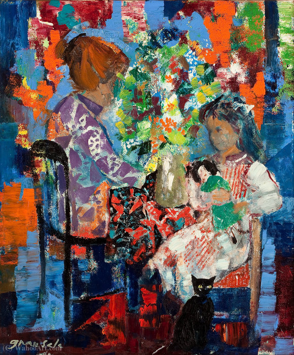 Wikioo.org - The Encyclopedia of Fine Arts - Painting, Artwork by Emilio Grau Sala - Untitled (Interior with Mother and Child), (1967)