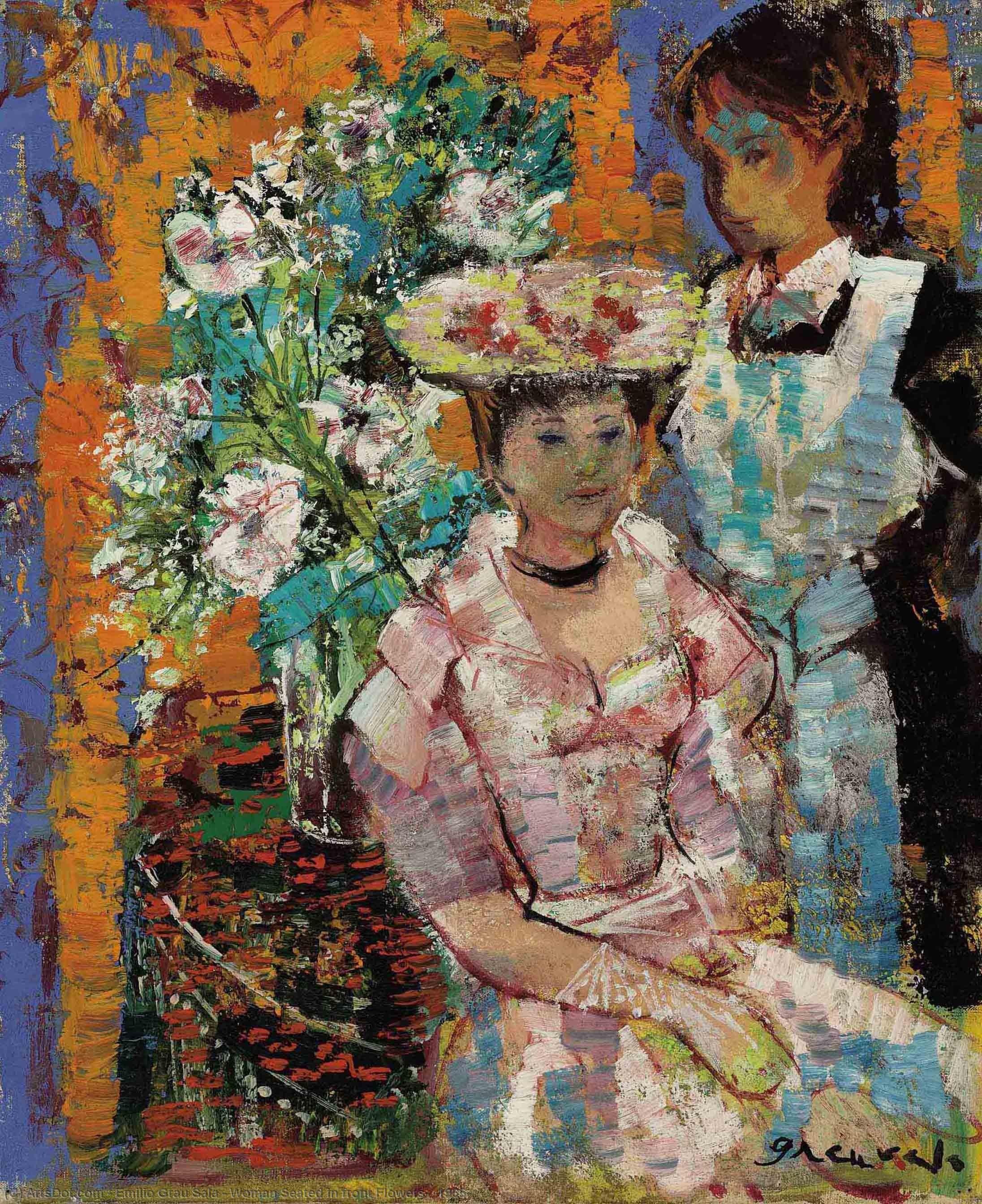 Wikioo.org - The Encyclopedia of Fine Arts - Painting, Artwork by Emilio Grau Sala - Woman Seated in front Flowers, (1965)